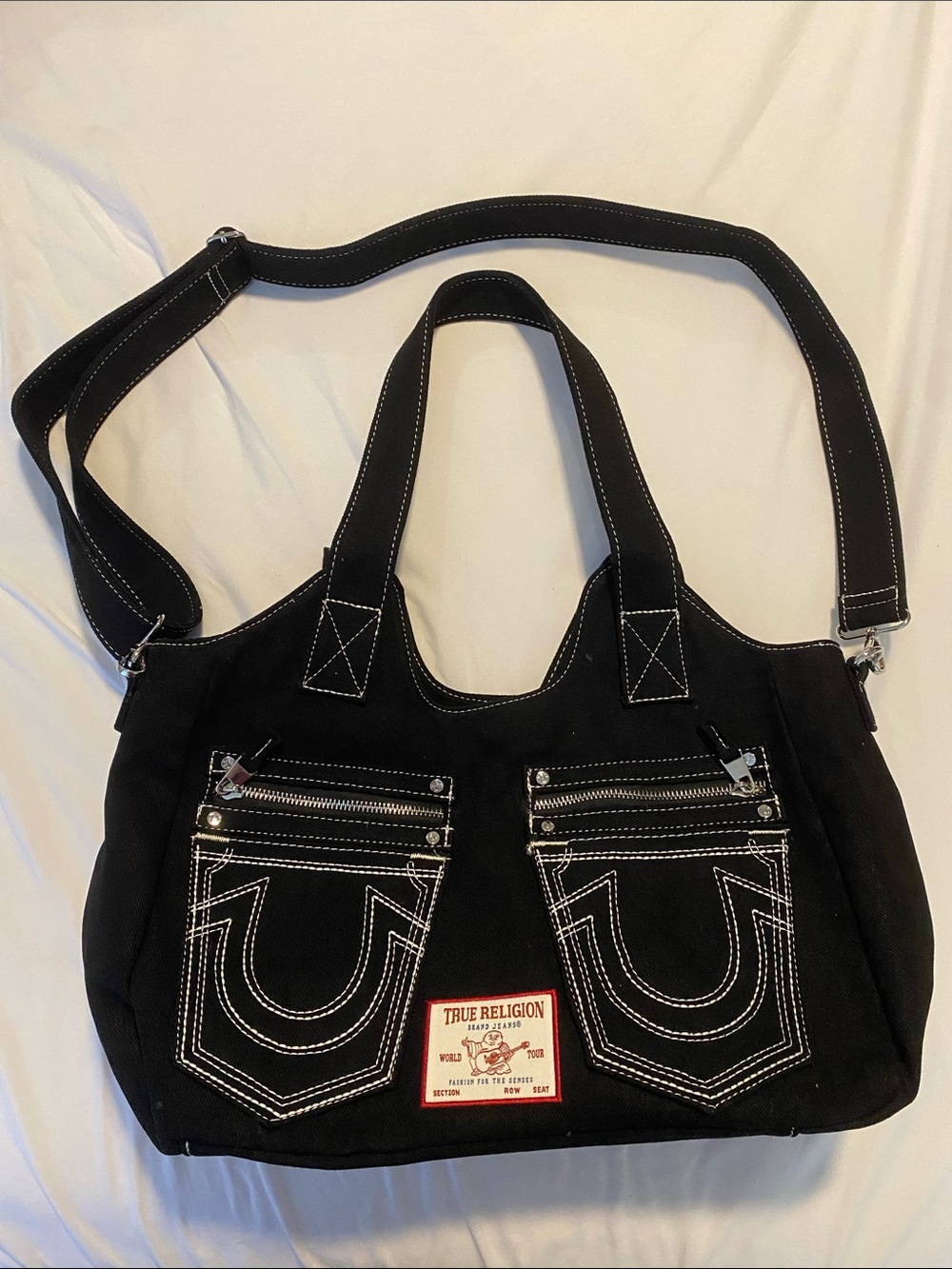True Religion Black Canvas Shoulder Tote with White Contrast Stitching